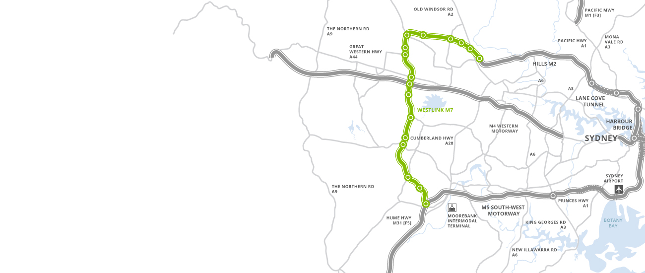 Map of Westlink M7 and Syndey toll road network