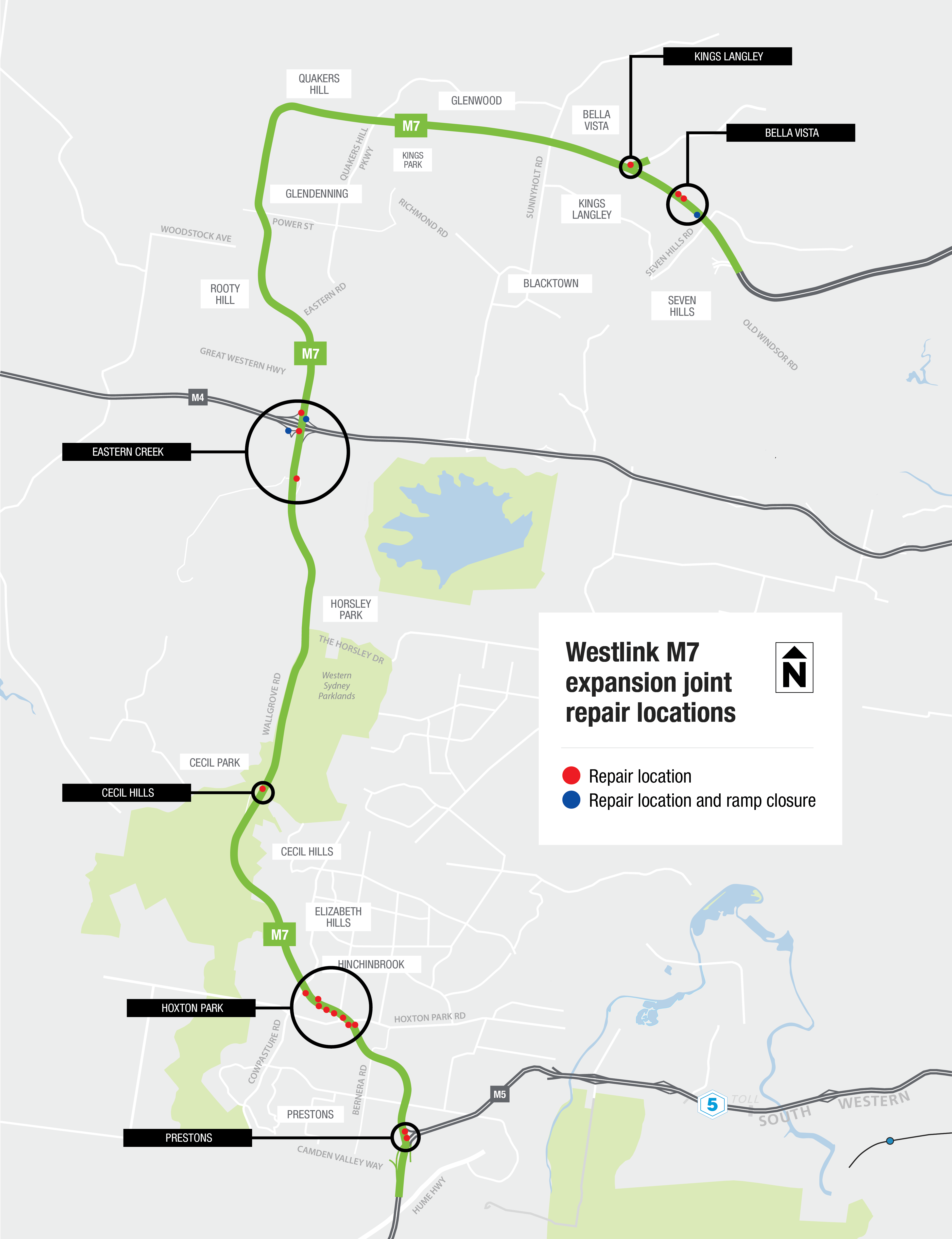 map showing Westlink M7 expansion joint repair locations and ramp closures.