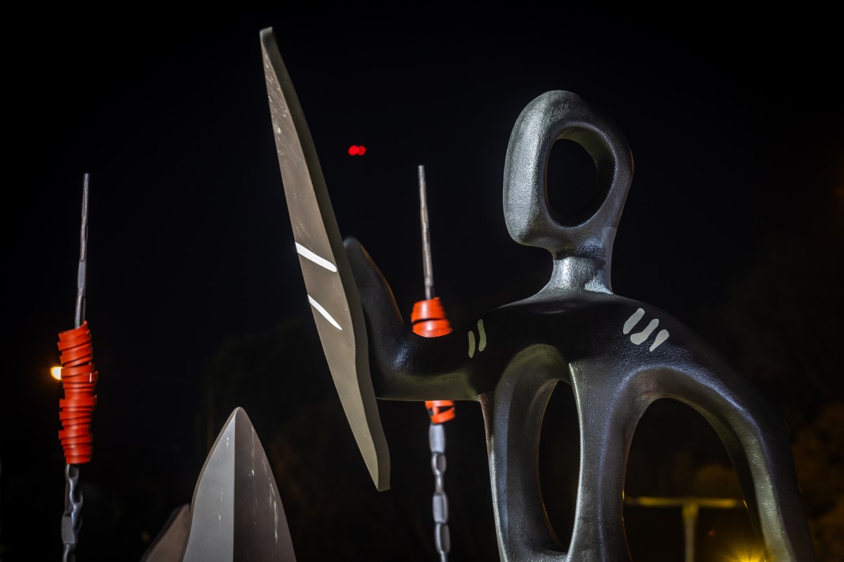 Warriors at night artwork installation